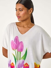 Roman Tulip Motif V-Neck Stretch Top - Imagen 4 de 5