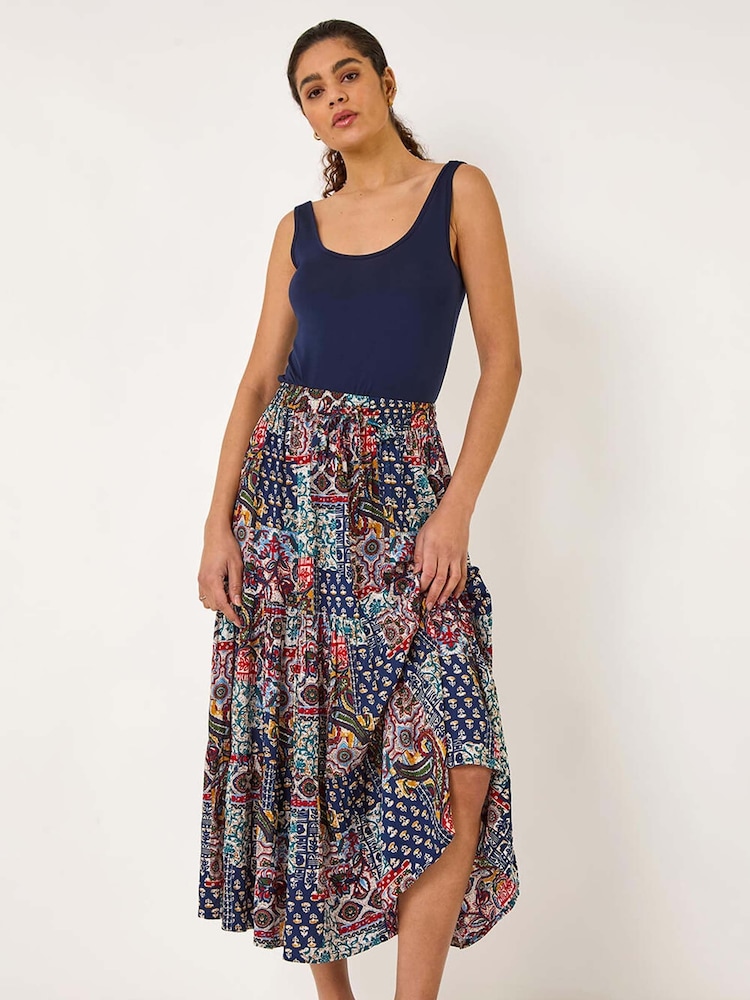 Roman Blue Patchwork Tiered Skirt - Image 1 of 5