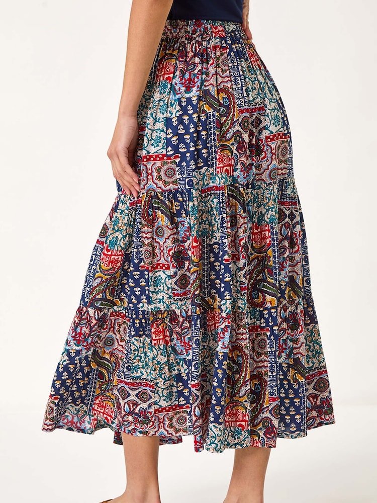Roman Blue Patchwork Tiered Skirt - Image 4 of 5