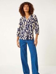 Roman Blue Mono Abstract Print Top - Image 1 of 1