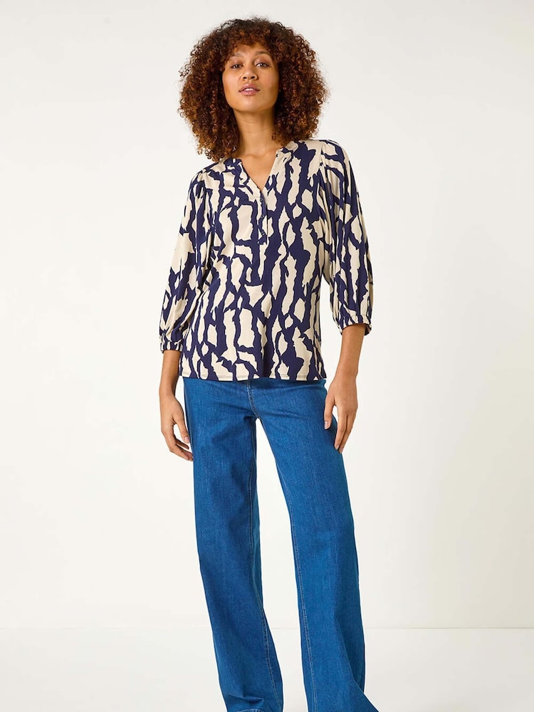 Roman Blue Mono Abstract Print Top - Image 1 of 1