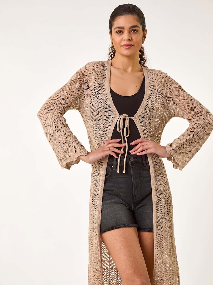 Roman Natural Longline Tie Cotton Blend Knit Cardigan - Image 3 of 5