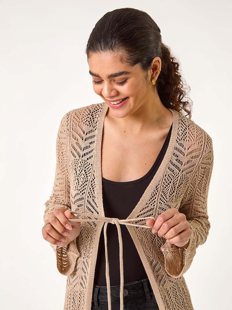 Roman Natural Longline Tie Cotton Blend Knit Cardigan - Image 4 of 5