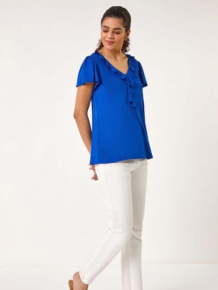 Roman Dark Blue Ruffle Front Stretch Top - Image 1 of 5