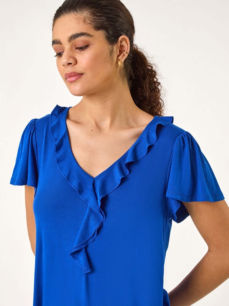 Roman Dark Blue Ruffle Front Stretch Top - Image 2 of 5