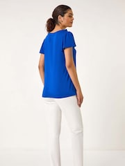 Roman Dark Blue Ruffle Front Stretch Top - Image 3 of 5