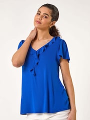 Roman Dark Blue Ruffle Front Stretch Top - Image 4 of 5