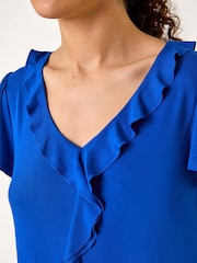 Roman Dark Blue Ruffle Front Stretch Top - Image 5 of 5