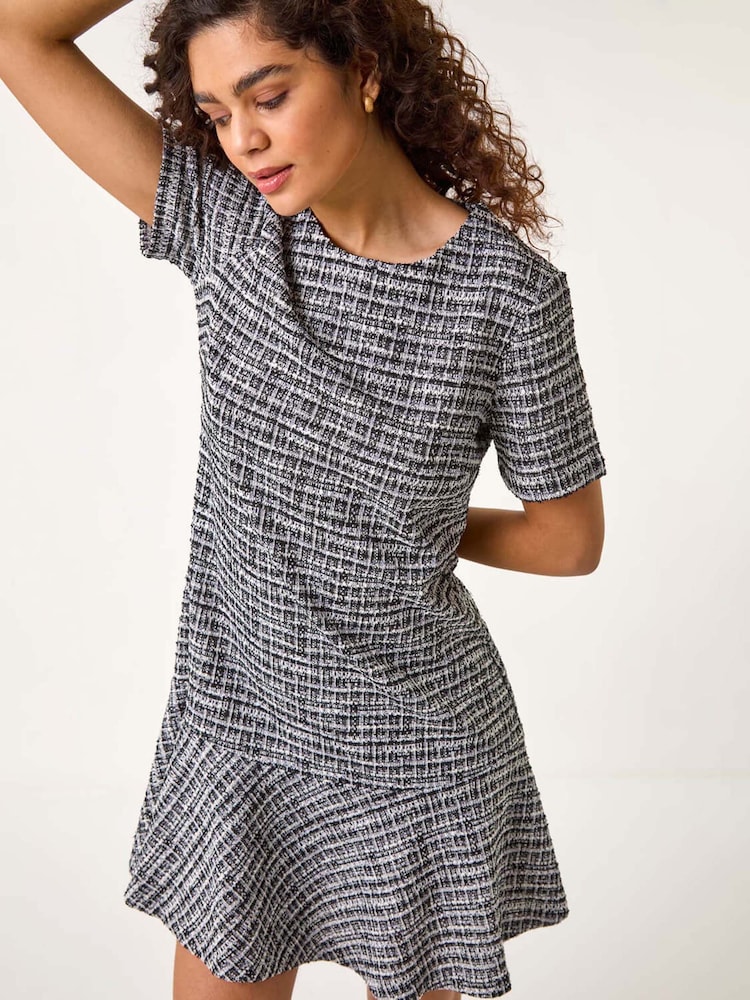 Roman Black Textured Frill Hem Stretch Dress - Image 1 of 5