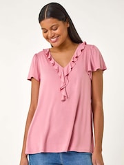 Roman Pink Ruffle Front Stretch Top - Image 4 of 5
