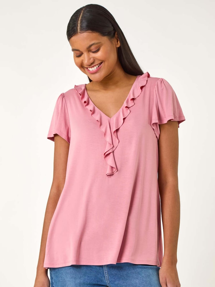 Roman Pink Ruffle Front Stretch Top - Image 4 of 5