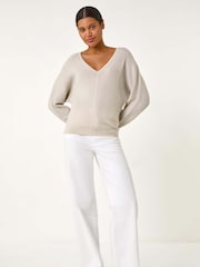 Roman Cream Textured Relaxed V-Neck Knit Jumper - Image 2 of 5