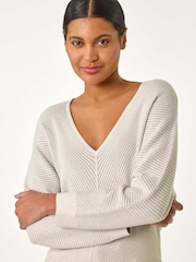 Roman Cream Textured Relaxed V-Neck Knit Jumper - Image 4 of 5
