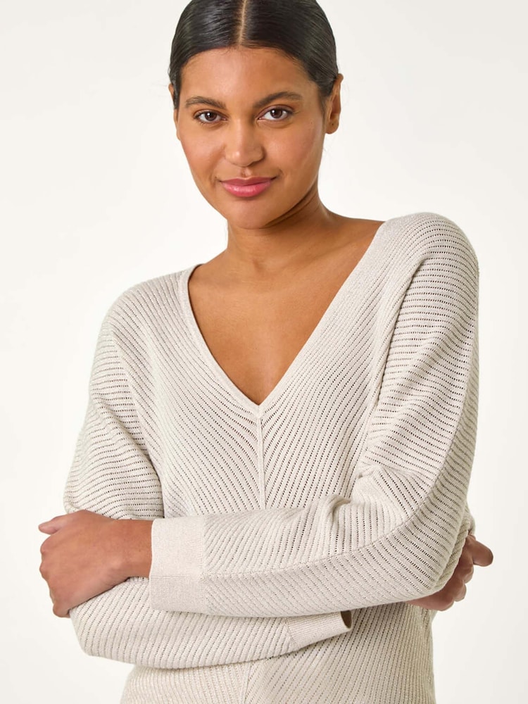 Roman Cream Textured Relaxed V-Neck Knit Jumper - Image 4 of 5