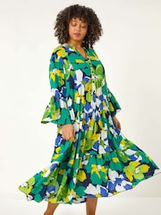 Roman Green Curve Floral Print Tiered Dress - Image 1 of 5