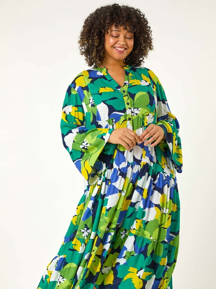 Roman Green Curve Floral Print Tiered Dress - Image 2 of 5