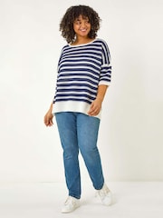 Roman Blue Curve Crochet Stripe Knit Top - Image 2 of 5