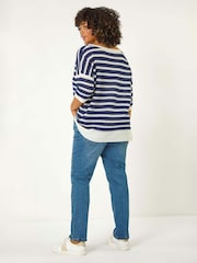 Roman Blue Curve Crochet Stripe Knit Top - Image 3 of 5