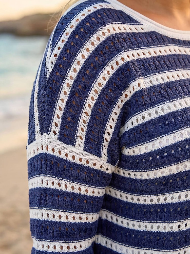 Roman Blue Curve Crochet Stripe Knit Top - Image 4 of 4 Roman Blue Curve Crochet Stripe Knit Top - Image 4 of 4
