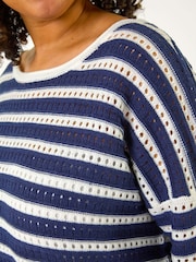 Roman Blue Curve Crochet Stripe Knit Top - Image 5 of 5