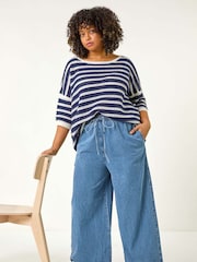 Roman Blue 100% Cotton Curve Tie Waist Denim Wide Leg Trousers - Image 1 of 5