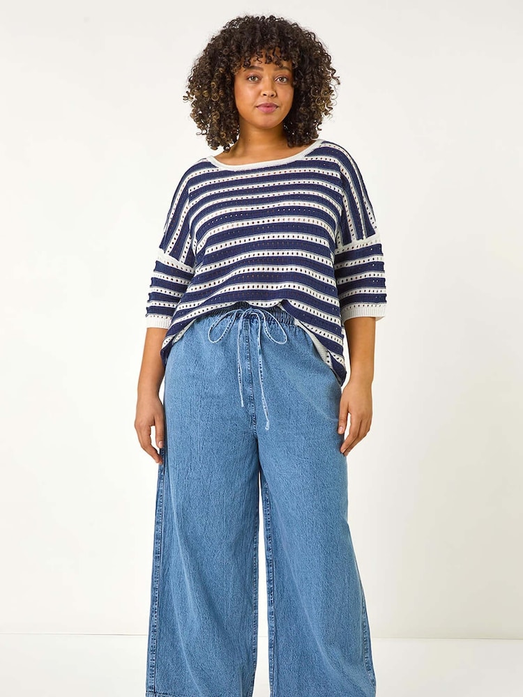 Roman Blue 100% Cotton Curve Tie Waist Denim Wide Leg Trousers - Image 2 of 5