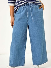 Roman Blue 100% Cotton Curve Tie Waist Denim Wide Leg Trousers - Image 3 of 5
