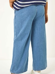 Roman Blue 100% Cotton Curve Tie Waist Denim Wide Leg Trousers - Image 4 of 5