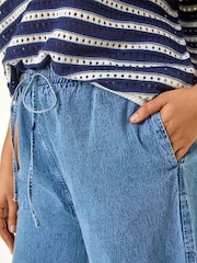 Roman Blue 100% Cotton Curve Tie Waist Denim Wide Leg Trousers - Image 5 of 5