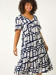 Roman Blue Curve Print Tiered V-Neck Dress - Image 1 of 5