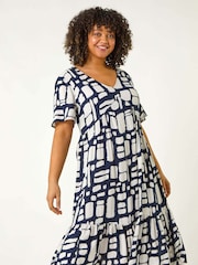 Roman Blue Curve Print Tiered V-Neck Dress - Image 2 of 5
