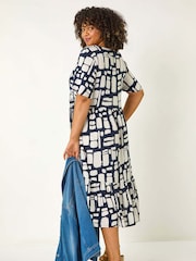 Roman Blue Curve Print Tiered V-Neck Dress - Image 4 of 5
