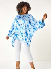 Roman Blue Curve Floral Print Tunic Top - Image 2 of 5