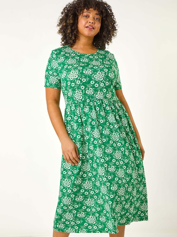 Roman Green Curve Floral Print Stretch Midi Dress - Image 1 of 5