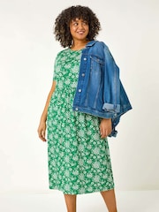 Roman Green Curve Floral Print Stretch Midi Dress - Image 2 of 5
