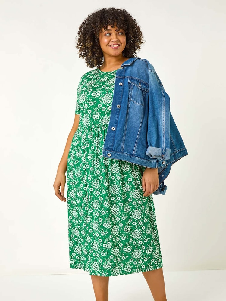 Roman Green Curve Floral Print Stretch Midi Dress - Image 2 of 5