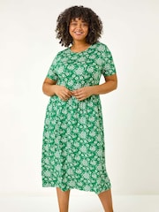 Roman Green Curve Floral Print Stretch Midi Dress - Image 4 of 5