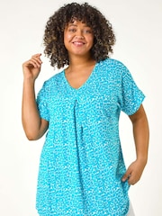 Roman Blue Curve Pleat Front Printed Stretch Top - Image 1 of 5