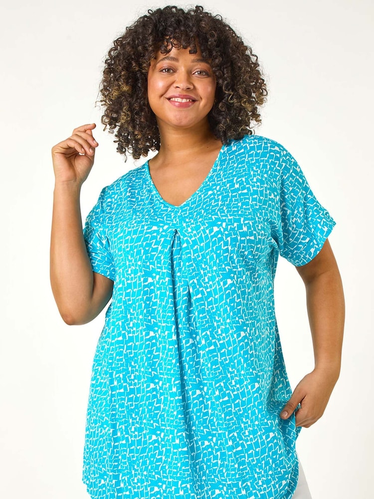 Roman Blue Curve Pleat Front Printed Stretch Top - Image 1 of 5