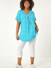 Roman Blue Curve Pleat Front Printed Stretch Top - Image 2 of 5