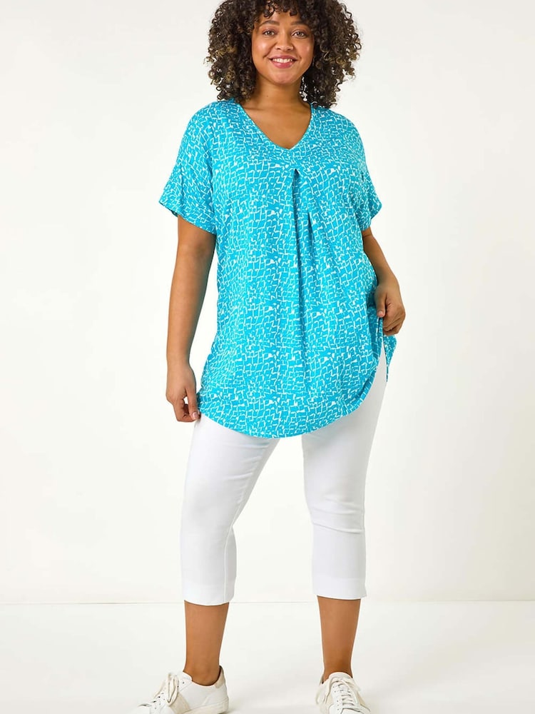 Roman Blue Curve Pleat Front Printed Stretch Top - Image 2 of 5