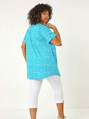 Roman Blue Curve Pleat Front Printed Stretch Top - Image 3 of 5