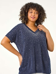 Roman Blue Curve Shimmer Hotfix Knit Top - Image 1 of 5