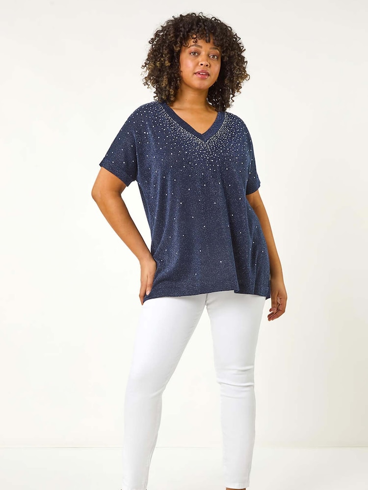 Roman Blue Curve Shimmer Hotfix Knit Top - Image 2 of 5