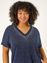 Roman Blue Curve Shimmer Hotfix Knit Top - Image 4 of 5