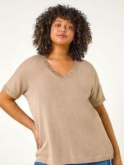 Roman Gold Curve Hotfix V-Neck Knit Top - Image 1 of 5