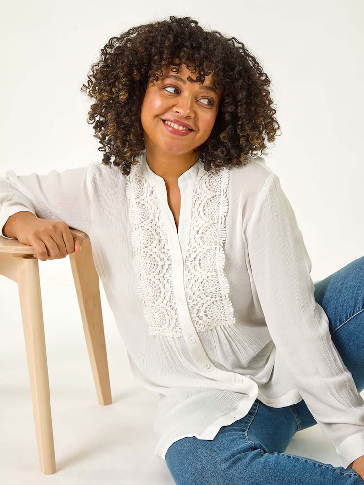 Roman White Curve Lace Trim Pintuck Blouse - Image 1 of 5