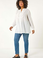 Roman White Curve Lace Trim Pintuck Blouse - Image 2 of 5