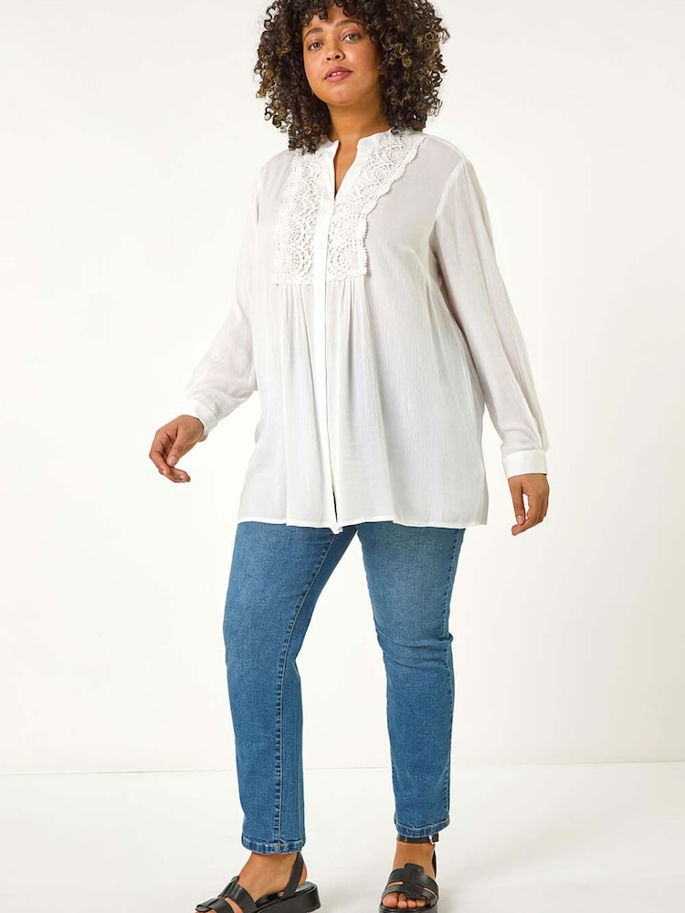 Roman White Curve Lace Trim Pintuck Blouse - Image 2 of 5