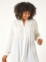 Roman White Curve Lace Trim Pintuck Blouse - Image 4 of 5